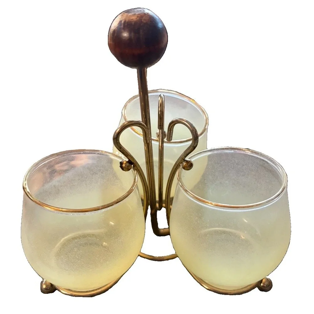 Vintage MCM 3 Glass Condiment Caddy Frosted Yellow Gold Rim Brass Tone Stand